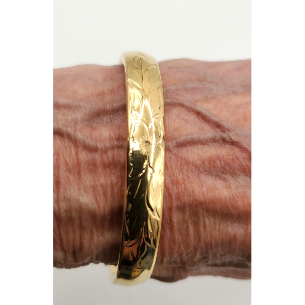 Vintage Slider Clamper Bangle Bracelet Engraved Floral Gold Tone 7"
